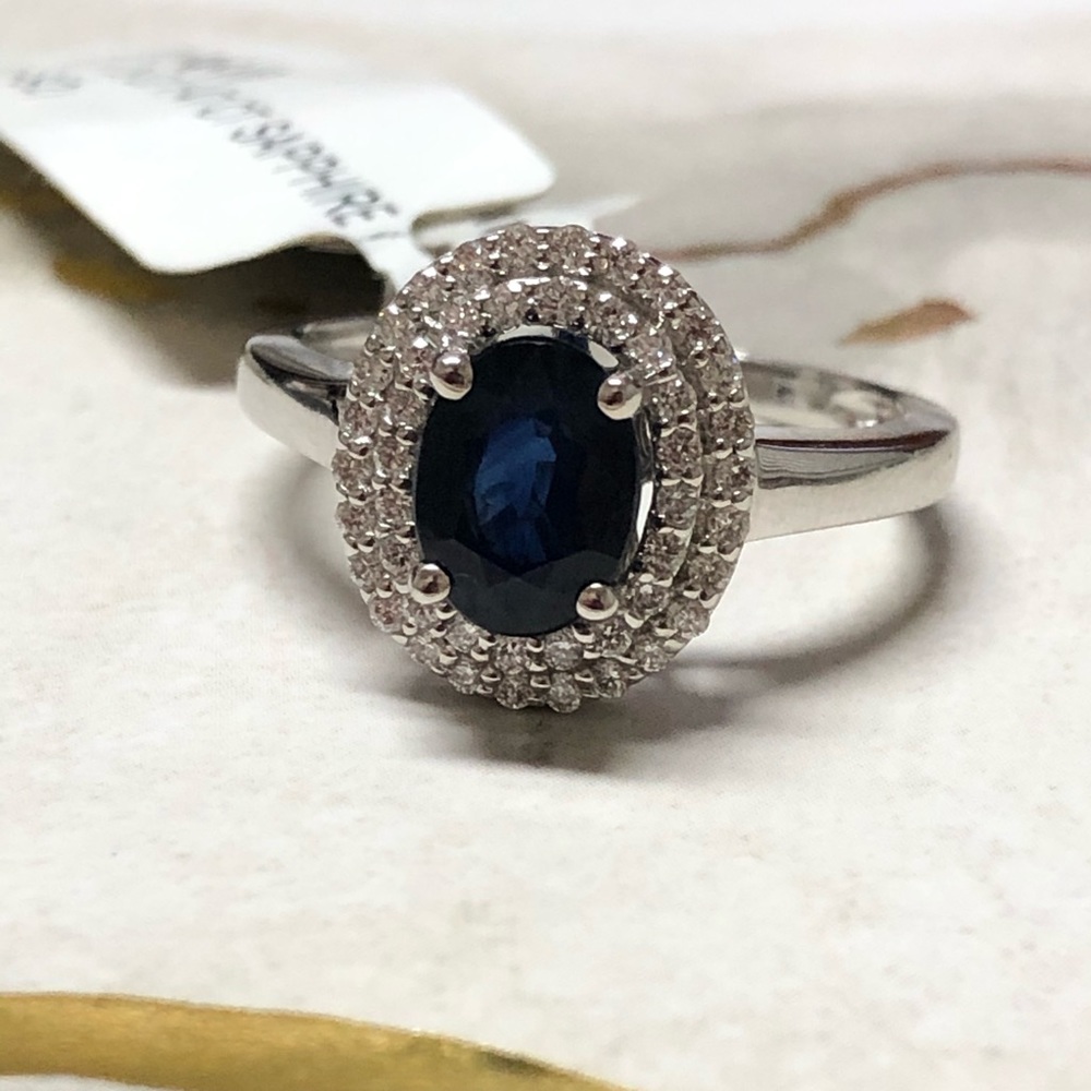 14K White Gold Diamond Sapphire Ring, Size 7
